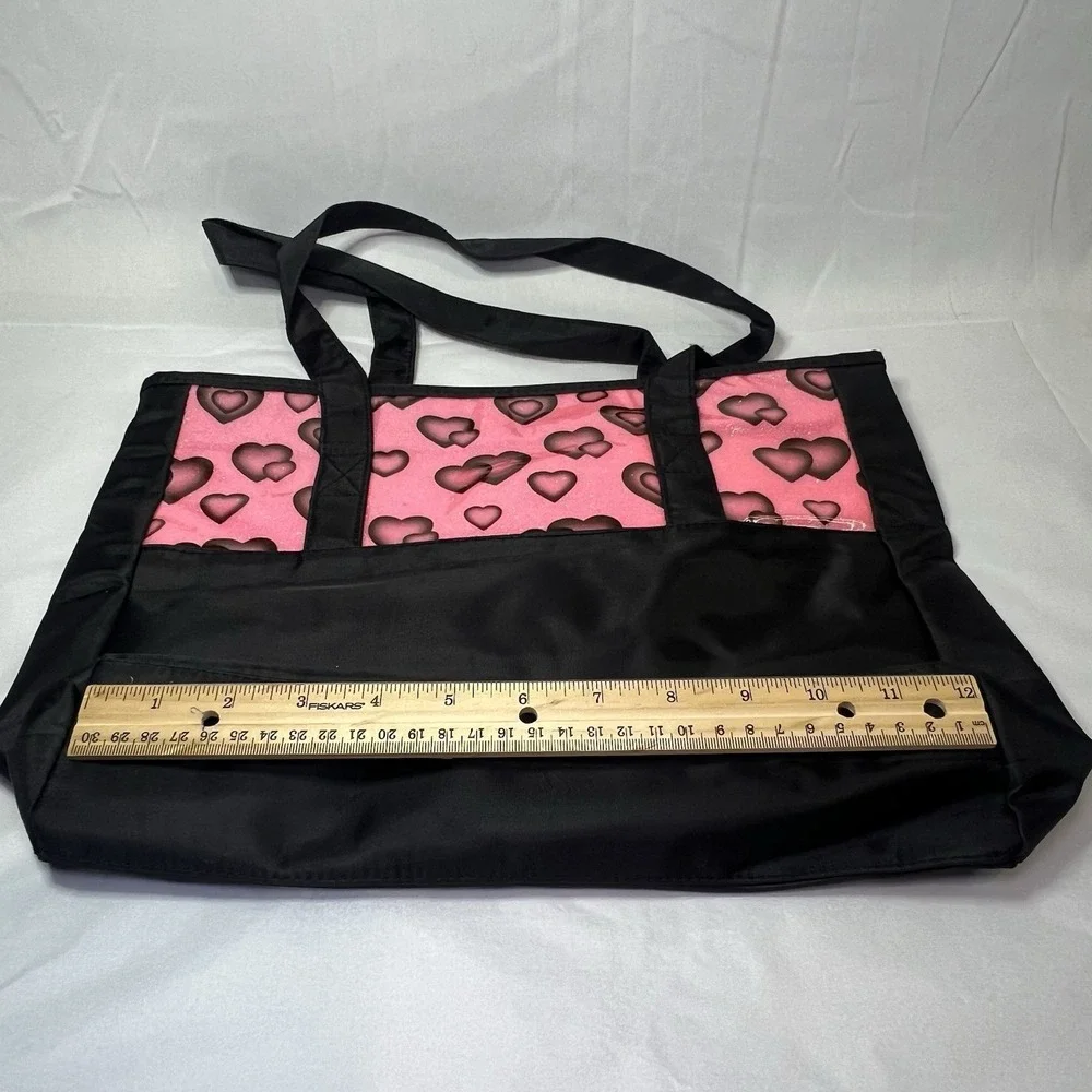 Girls Black Pink Dance Bag Hearts Nylon With‎ Pink Interior And Zipper Pouch